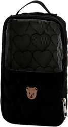 Zwarte organizer pouch met meshvak, ritssluiting, handgreep en geborduurde beer op de voorkant