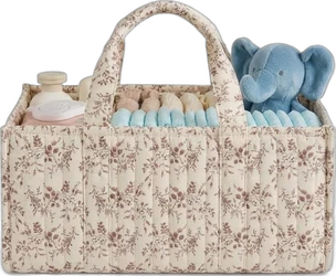 Beige gewatteerde luiercaddy met bloemenprint, handvat, luiers, flesje, doekjes en blauwe knuffelolifant