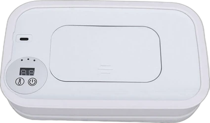 Witte babydoekjeswarmer met USB poort, display en bedieningsknoppen op het deksel