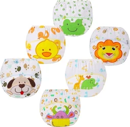 Set van 6 witte oefenbroekjes met dierenapplicaties Zes witte oefenbroekjes met kleurrijke dierenapplicaties zoals kikker, eend, leeuw, hond, olifant en koe