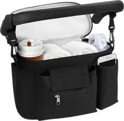 Kinderwagen-organizer met touchscreen-telefoonvak en schouderband - Zwart