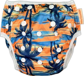 Oranje en blauwe zwemluier met palmbomenprint en witte drukknoopsluiting