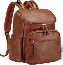 Bruine vegan leren luiertas rugzak met gewatteerde schouderbanden en meerdere ritstassen