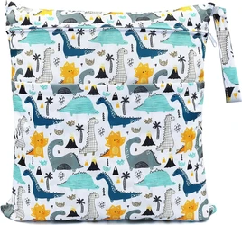 Witte wetbag met dubbel vak en kleurrijke dino print geel blauw groen met rits en lus
