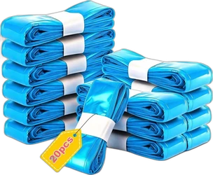 Stapels blauwe navulzakken voor luieremmer per 20 stuks met witte bandjes en geel label