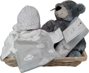 Waardebundel kraammand met grijze knuffelbeer witte babykleding en mutsje in houten mand