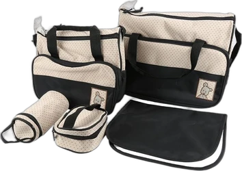 Vijfdelige luiertassenset beige met zwarte onderkant en kleine zwarte stippen inclusief twee tassen en accessoires