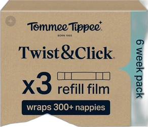 Doos met Tommee Tippee Twist & Click navulfolie drie stuks verpakt in bruine kartonbox met tekst x3 refill film