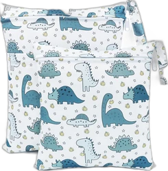 SnelShoppen wetbag set van 2 met grijsblauwe dino print Set van twee witte wetbags met koppelrits en blauwe en grijsblauwe dino illustraties