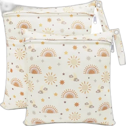 Twee crèmekleurige wetbags 36x30 cm met ritssluiting en zonnig patroon in zachte geelbruine tinten