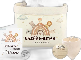 Kraamcadeauset Willkommen met opbergmand 10-delig beige Beige opbergmand met gedessineerde regenboog en dieren en bijpassende babyitems