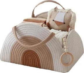 Wit en bruin katoenen touw luiercaddy met regenboogpatroon handvat en babyaccessoires