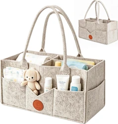Khaki vilten luierorganizer caddy met meerdere vakken handvatten en leren rond label