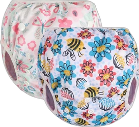 Set van twee herbruikbare zwemluiers met kleurrijke bloemen en bijenprint op witte achtergrond