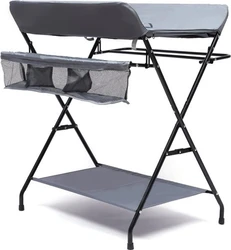 Grijze inklapbare luiertafel met metalen frame opbergnethouder en onderplank