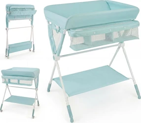 Lichtblauwe opvouwbare luiertafel met wielen mesh opbergvak en onderplank