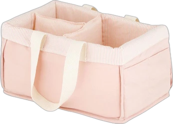 roze stoffen luierorganizer met gestreepte voering en draaghengsels