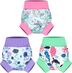 Drie zwemluiers voor kinderen met zeedieren prints in roze paars en groen met hoge elastische banden