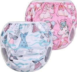 Set van 2 herbruikbare zwemluiers met zeemeermin en eenhoorn print Twee herbruikbare zwemluiers met witte en roze achtergrond een zeemeermin en eenhoorn patroon