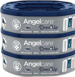 Stapelde verpakking van drie Angelcare Dress Up navullingen voor luieremmer wit met blauwe dekselillustratie