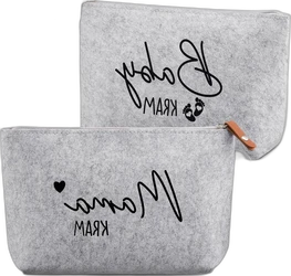Set van 2 vilten etuis Mama Kram en Baby Kram in grijs Twee grijze vilten etuis met zwarte opdruk mama kram en baby kram en ritssluitingen