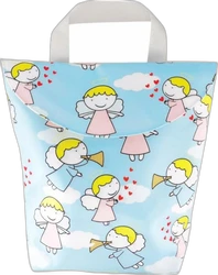 Wetbag lichtblauw met herhalend engeltjesmotief en wit hengsel