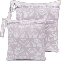 Twee lila wetbags met witte regenboogprint en ritsen en draaglus
