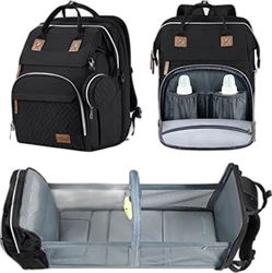 Aayan luiertas rugzak met opvouwbaar babybed in zwart Zwarte luiertas rugzak getoond gesloten met benodigdheden en opengevouwen als opvouwbaar babybed
