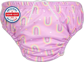 Roze herbruikbare zwemluier voor 1-2 jaar met kleine regenbogen en hartjes