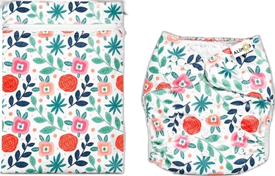 Herbruikbare zwemluier voor 0-3 jaar met kleurrijk bloemenpatroon en bijpassend opbergzakje
