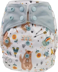 witte wasbare luier one size met mintgroene drukknoopsluiting en beren en bloemen patroon