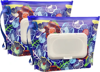 Twee navulbare pouchs voor babydoekjes 17x14 cm met blauwe bloemprint en witte sluitklep