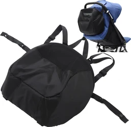 Zwarte Oxford kinderwagen-organizer met mesh inzet en verstelbare riemen bevestigd aan kinderwagen