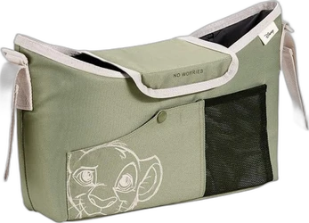 Disney kinderwagen-organizer Simba in olijfgroen met opbergvakken Olijfgroene kinderwagen organizer met simba schets op voorkant en mesh vak rechts