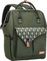 groene luiertas rugzak met wit pijlenprint klep en bruine details