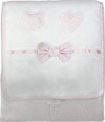 Opvouwbare luiertas met aankleedkussen en strik beertje roze wit Witte en roze opvouwbare luiertas met aankleedkussen versierd met strik hart en beertje