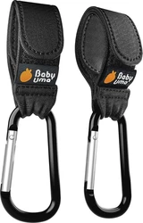 Baby Limo kinderwagenhaken met karabijn 2 stuks zwart Set van twee zwarte kinderwagenhaken met stoffen lus en metalen karabijnhaak en baby limo label