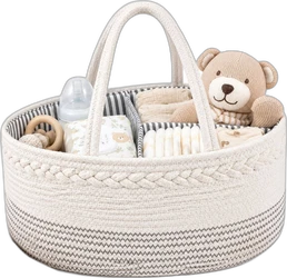VHV HisKes katoenen touw luiermand met gevlochten rand crème/grijs Crème/grijze katoenen touw luiermand met gevlochten rand gevuld met babyspullen en knuffel