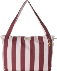 canvas shopper tas met brede verticale bordeaux en lichtroze strepen en lange hengsels