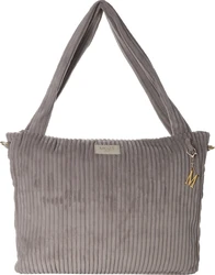 taupe ribfluwelen luiertas met dubbele schouderhengsels en goudkleurige bedel m