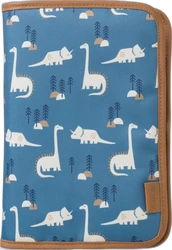 Fresk luieretui 18x26 cm blauw met wit dino dessin Blauw Fresk luieretui 18x26 cm met wit dino patroon en bruin randdetail
