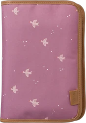 Fresk luieretui 18x26 cm paars met swallow print Paars Fresk luieretui 18x26 cm met klein witte zwaluw patroon en bruin stiksel