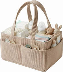 Corduroy luiercaddy met hengsels in khaki Khaki corduroy luiercaddy gevuld met luiers flessen knuffels en speentjes