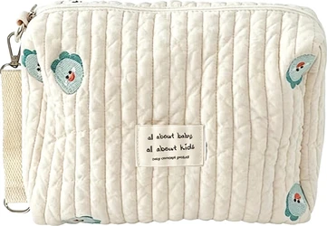 Gewatteerde mini-organizer met rits in crème met dino borduursel Crèmekleurige gewatteerde mini-organizer met verticale stiklijnen en kleine groene dino borduurtjes en rits