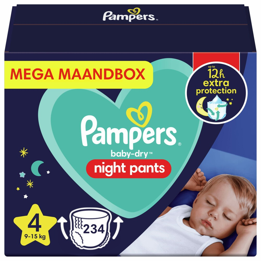 Pampers - Baby Dry Night Pants - Maat 4 - Maandbox - 234 Luierbroekjes Pampers - Baby Dry Night Pants - Maat 4 - Mega Maandbox - 234 Luierbroekjes