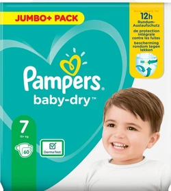 Pampers Baby-Dry Maat 7, 60 Luiers, Tot 12 Uur Bescherming, 15kg+