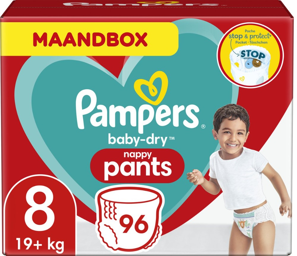 Pampers Baby-Dry Pants maat 8 - 96 stuks - Maandbox Pampers Baby-Dry Luierbroekjes - Maat 8 (19kg+) - 96 stuks - Maandbox
