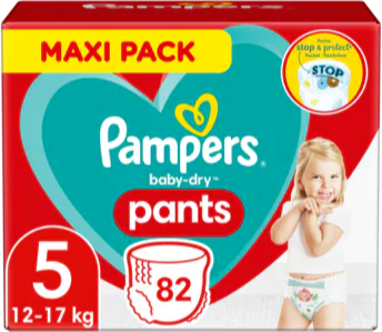 Pampers Baby-Dry Luierbroekjes Maat 5 maxi pack met 82 Luiers Pampers Baby-Dry Luierbroekjes Maat 5 maxi pack met 82 Luiers