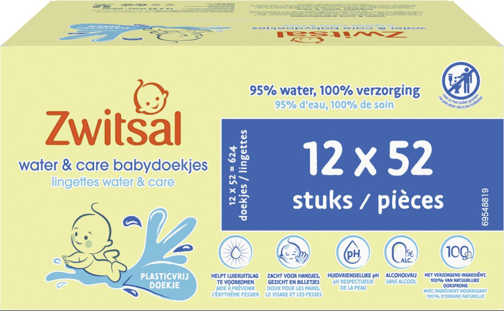 Zwitsal Billendoekjes Water & Care Alcoholvrij - 624 doekjes - Voordeelverpakking Zwitsal Billendoekjes Water & Care Alcoholvrij - 624 doekjes - Voordeelverpakking