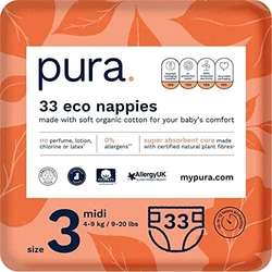 Pura Premium Eco-babyluiers Maat 3 (Midi 4-9 kg / 9-20 lbs) 1 pak van 33 luiers, EU Ecolabel gecertificeerd, gemaakt van biologisch katoen, tot 12 uur lekbescherming